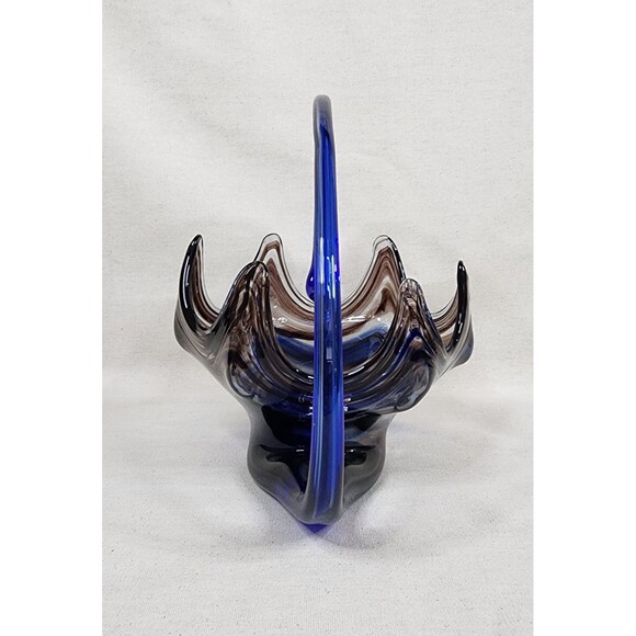 Vintage Sooner Ozark Art Glass Basket | Blue & Brown Swirl Hand-Blown | USA - Picture 3 of 15